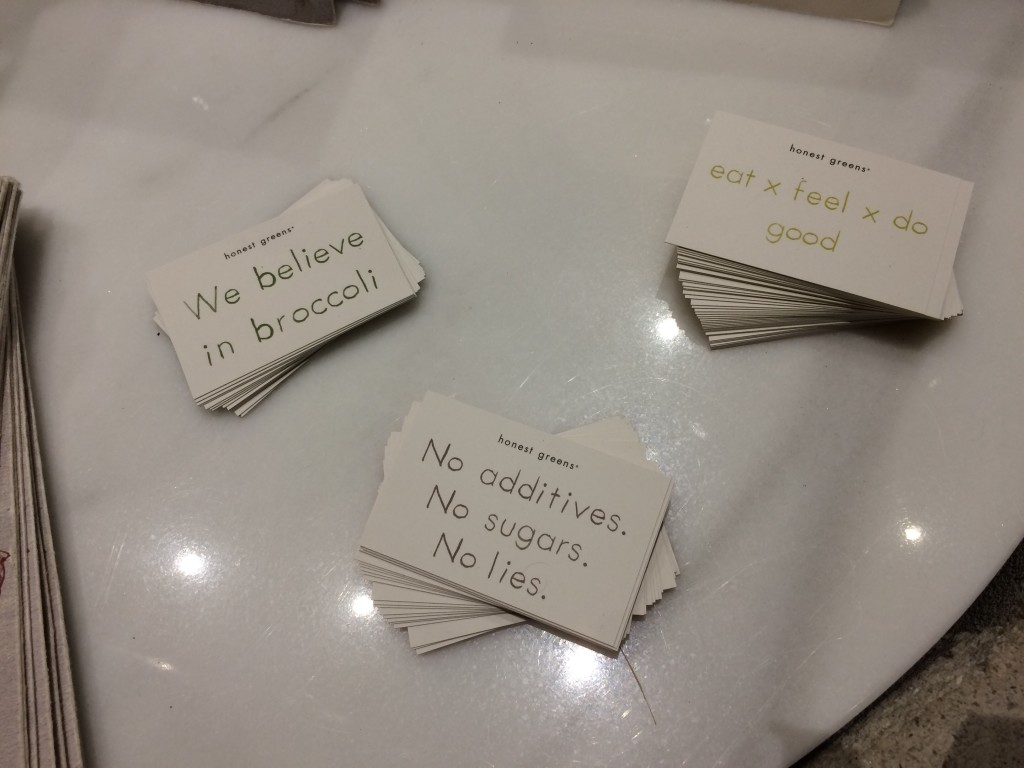 Business cards at Honest Greens in Madrid