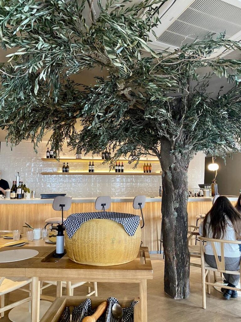 Big parmesan cheese wheel at Lettera Trattoria Moderna Italian restaurant in Madrid