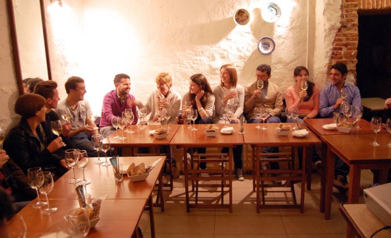 with friends in Bar Lambuzo's underground cellar, tasting wines from Bodegas Barbadillo