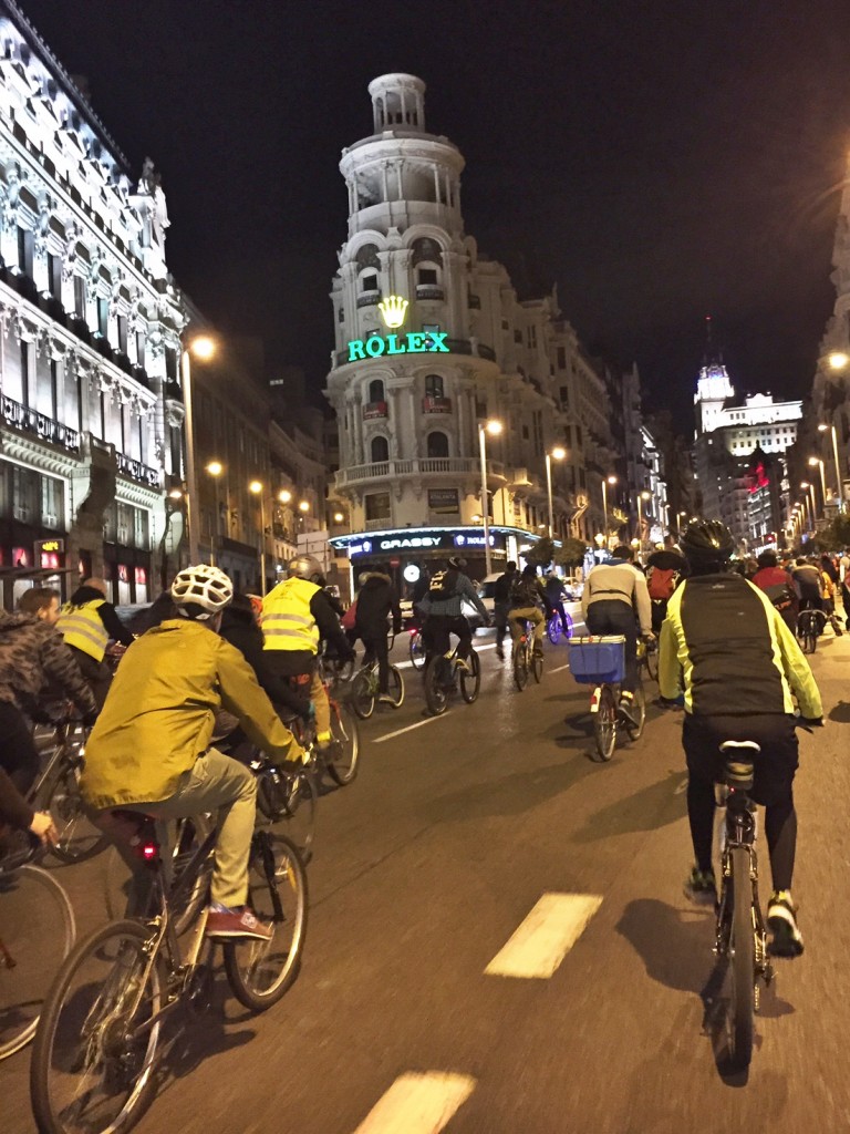 Bici Critica (Critical Mass) cyclists going up Gran Via