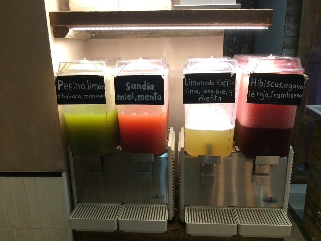 Fruit flavored waters at Honest Greens in Madrid