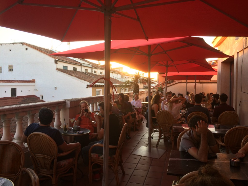 Outdoor rooftop terrace at Cubanismo cocktail bar in Malasaña Madrid
